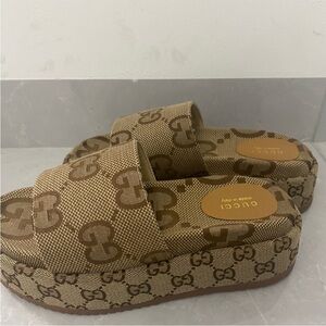 Gucci Tan Monogram Platform Slides